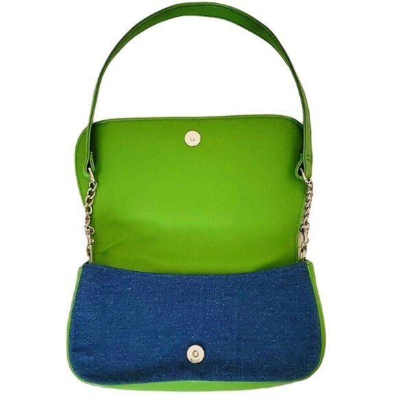 Bueno Gemstone Embellished Blue Green Denim Fabric Purse Tote Shoulder Bag - Picture 3 of 13